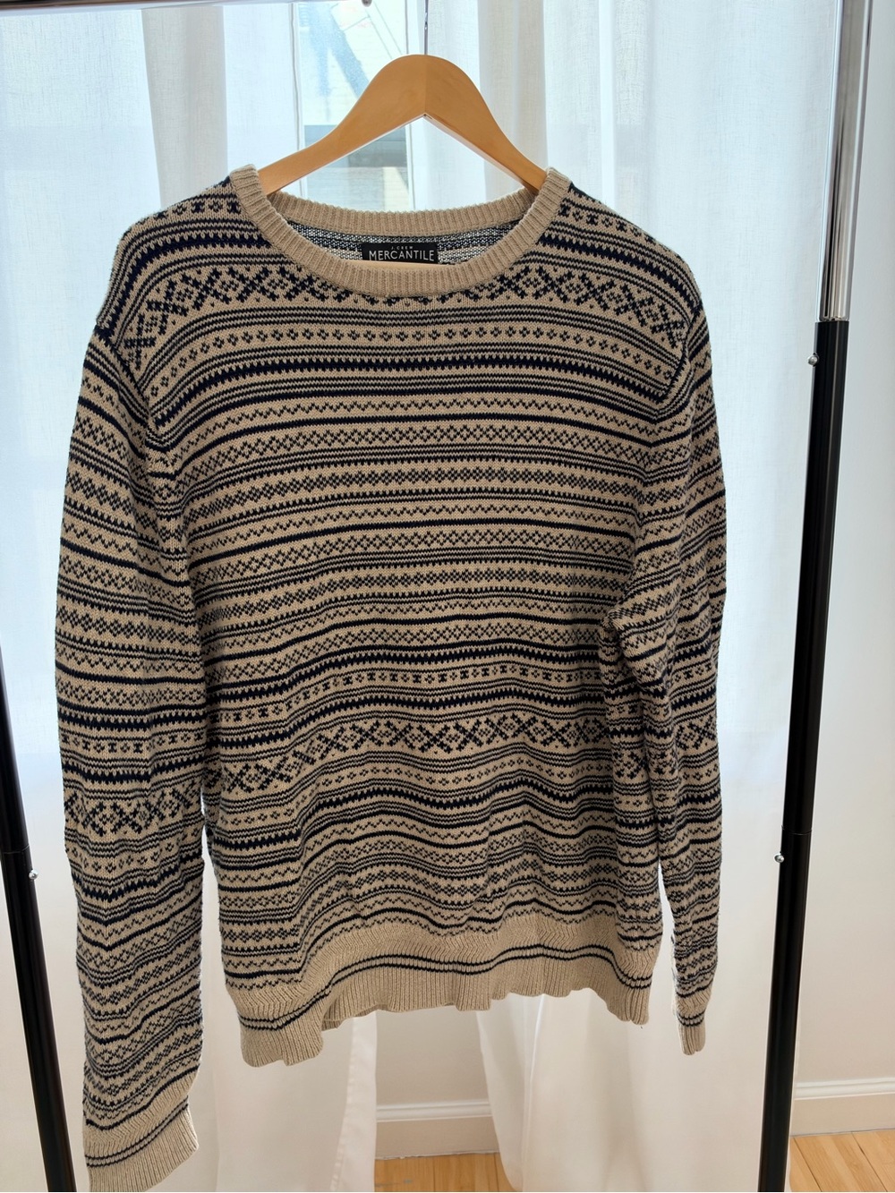 J. Crew Cream and Navy Patterned Fair Isle Crewneck Sweater